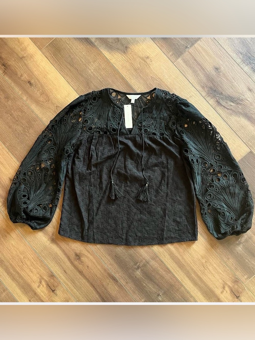 Adiva black cotton lace eyelet long puff sleeve blouse shirt romantic Women’s M